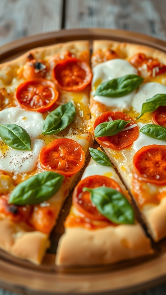 Focaccia bread pizza topped with cheese and pepperoni on a wooden table.